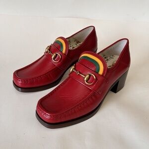 GUCCI Women's Red Leather Heeled Horsebit Loafers Size 8.5 (US) NIB 475657